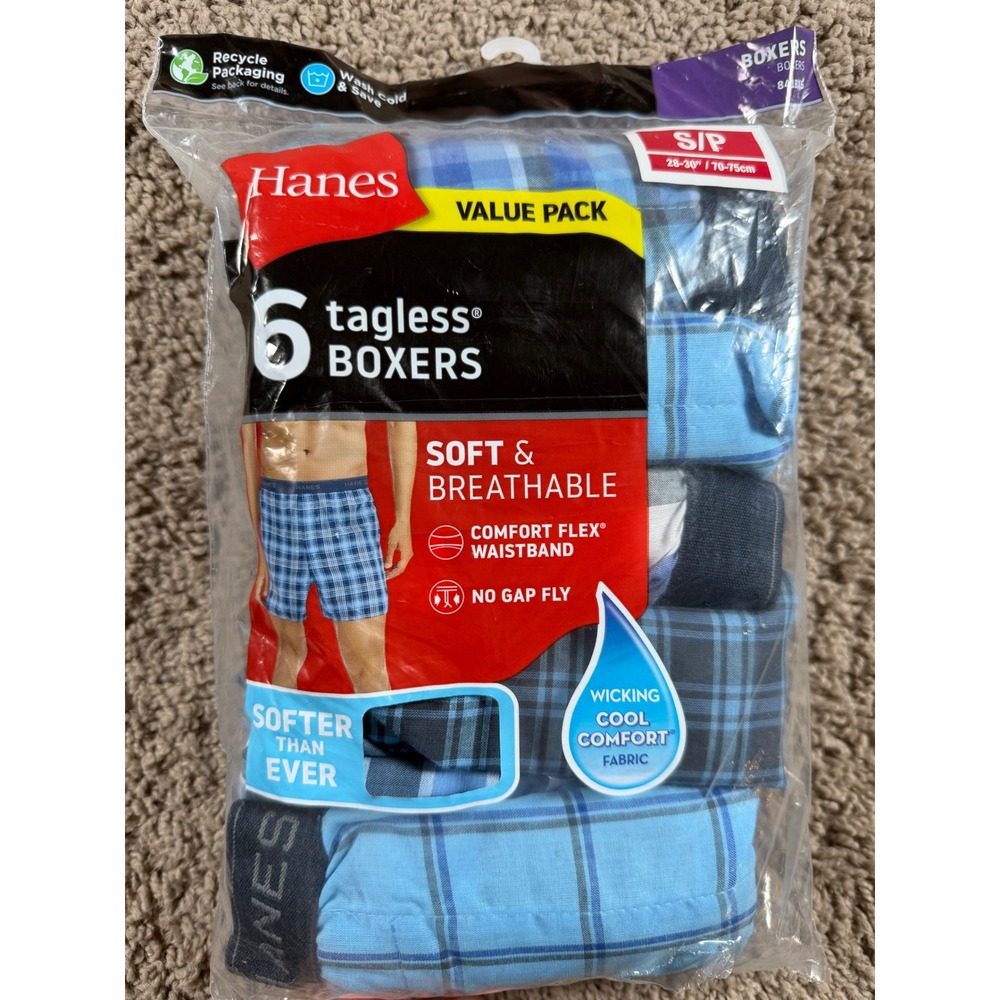 Hanes Mens 6‎ Pack Tagless Boxers Blue Plaid Comfort Flex Waist Small underwear